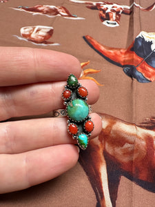 Beautiful Handmade Coral, Sonoran Turquoise And Sterling Silver Adjustable Ring STYLE 9