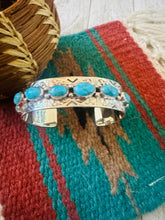 Load image into Gallery viewer, Navajo Hand Stamped Sterling Silver &amp; Turquoise Cuff Bracelet by Benson Shorty