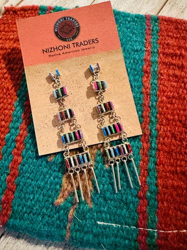 Zuni Sterling Silver & Multicolor Opal Needlepoint Dangle Earrings