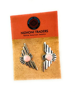 Navajo Sterling Silver & Queen Pink Conch Thunderbird Post Earrings