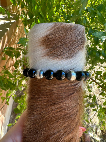 *AUTHENTIC* Navajo 6mm Sterling Silver Pearl & Black Onyx Beaded Bracelet