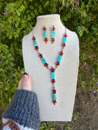 Hand Made Sterling Silver Turquoise & Coral Necklace Earring Set Signed Nizhoni