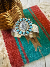 Load image into Gallery viewer, Navajo White Buffalo, Turquoise &amp; Sterling Silver Cluster Cuff Bracelet