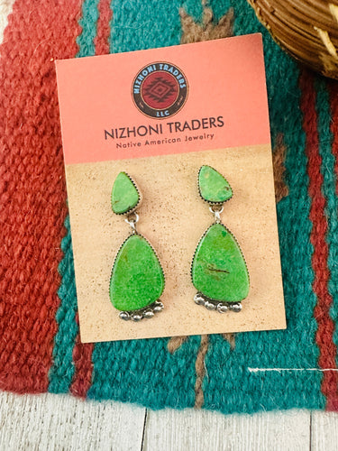 Navajo Green Turquoise And Sterling Silver Dangle Earrings