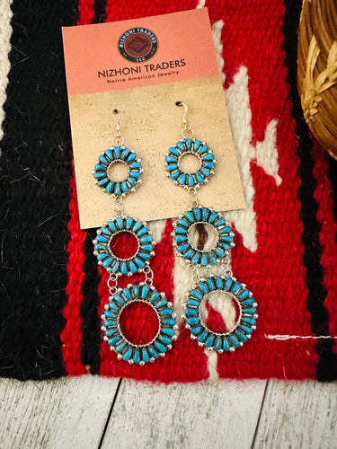 Zuni Sleeping Beauty Turquoise & Sterling Silver Cluster Dangle Earrings