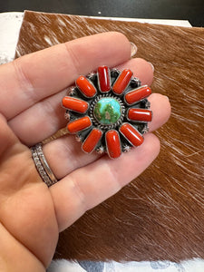 Beautiful Handmade Coral, Sonoran Turquoise And Sterling Silver Adjustable Statement Ring Style 13