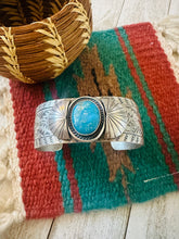 Load image into Gallery viewer, Navajo Hand Stamped Sterling Silver &amp; Turquoise Cuff Bracelet