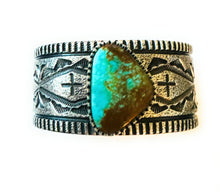 Load image into Gallery viewer, Navajo Royston Turquoise &amp; Sterling Silver Tufa Cast Cuff Bracelet Signed