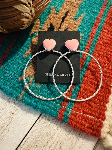 Navajo Queen Pink Conch & Sterling Silver Heart Dangle Hoop Earrings