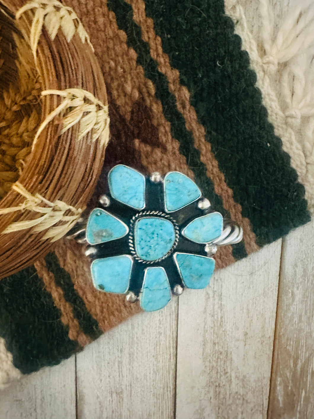 Navajo Kingman Turquoise & Sterling Silver Cluster Cuff Bracelet