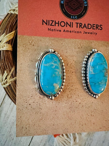 Navajo Kingman Turquoise & Sterling Silver Post Earrings Signed