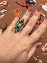 Load image into Gallery viewer, Beautiful Handmade Coral, Sonoran Turquoise And Sterling Silver Adjustable Ring STYLE 9