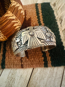 Navajo Hand Stamped Sterling Silver Thunderbird Cuff Bracelet