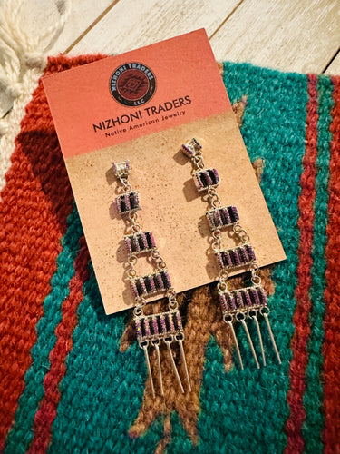 Zuni Sterling Silver & Purple Opal Needlepoint Dangle Earrings
