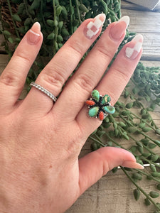 Beautiful Handmade Sonoran Turquoise, Coral And Sterling Silver Adjustable Ring