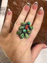 Load image into Gallery viewer, Beautiful Handmade Coral, Sonoran Turquoise And Sterling Silver Adjustable Statement Ring 6