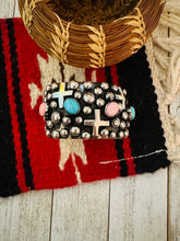 Load image into Gallery viewer, Navajo Queen Pink, Turquoise &amp; Sterling Silver Cross Cuff Bracelet By Chimney Butte