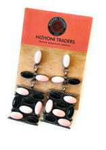 Load image into Gallery viewer, Navajo Queen Pink Conch, Onyx &amp; Sterling Silver Dangle Earrings