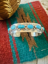 Load image into Gallery viewer, Navajo Hand Stamped Sterling Silver &amp; Turquoise Cuff Bracelet by Benson Shorty