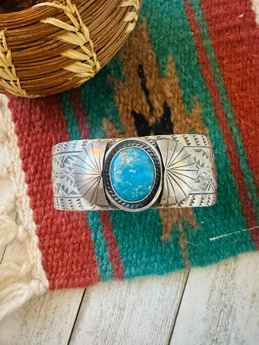 Navajo Hand Stamped Sterling Silver & Turquoise Cuff Bracelet