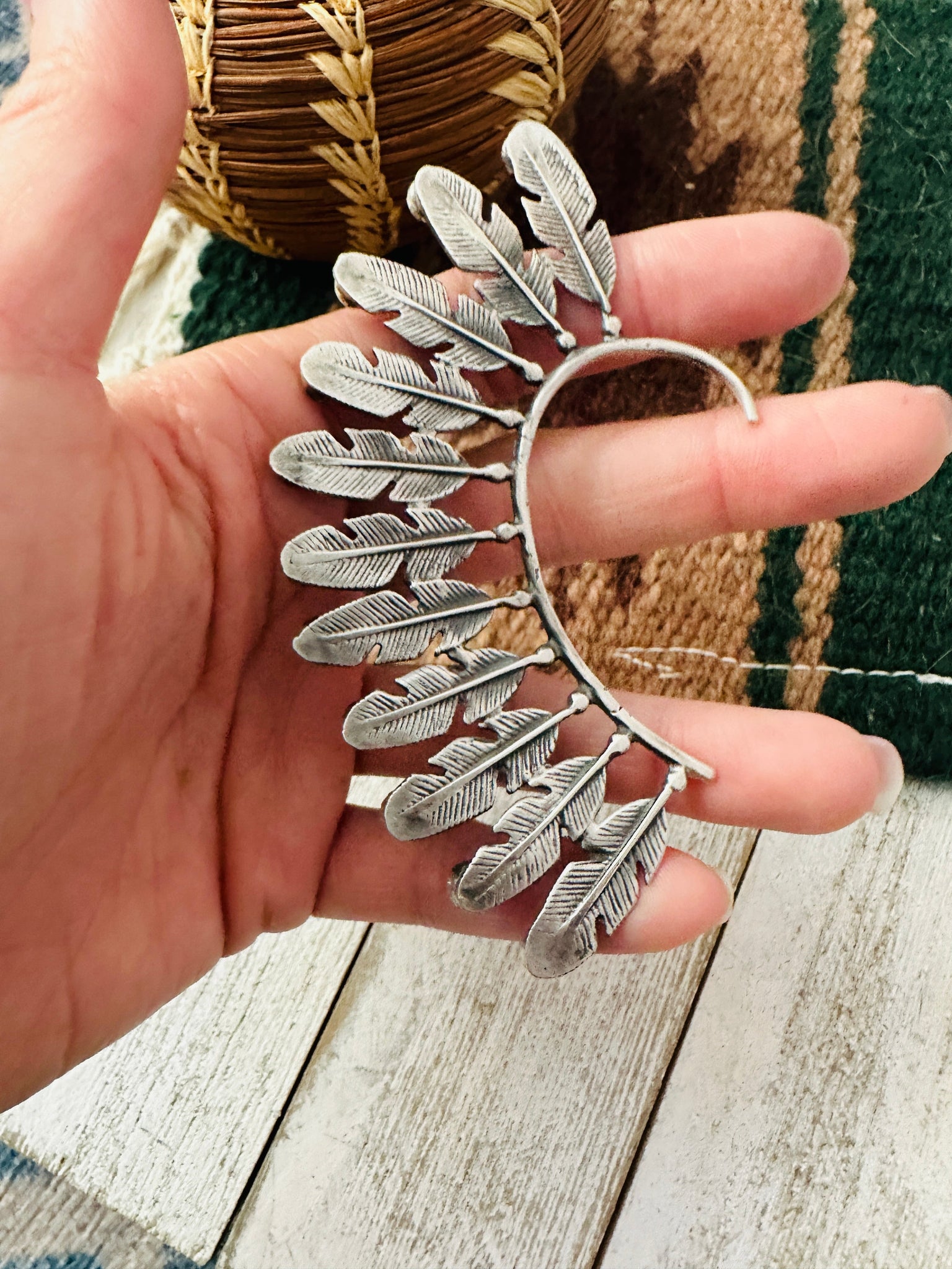 Navajo Multi Stone & Sterling fashion Silver Feather Cuff Earring Left Side