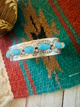 Load image into Gallery viewer, Navajo Hand Stamped Sterling Silver &amp; Turquoise Cuff Bracelet by Benson Shorty