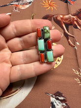 Load image into Gallery viewer, Beautiful Handmade Coral, Sonoran Turquoise And Sterling Silver Adjustable 6 STONE BAR Ring