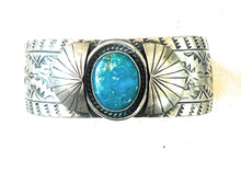 Load image into Gallery viewer, Navajo Hand Stamped Sterling Silver &amp; Turquoise Cuff Bracelet