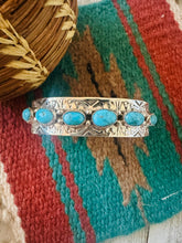 Load image into Gallery viewer, Navajo Hand Stamped Sterling Silver &amp; Turquoise Cuff Bracelet by Benson Shorty