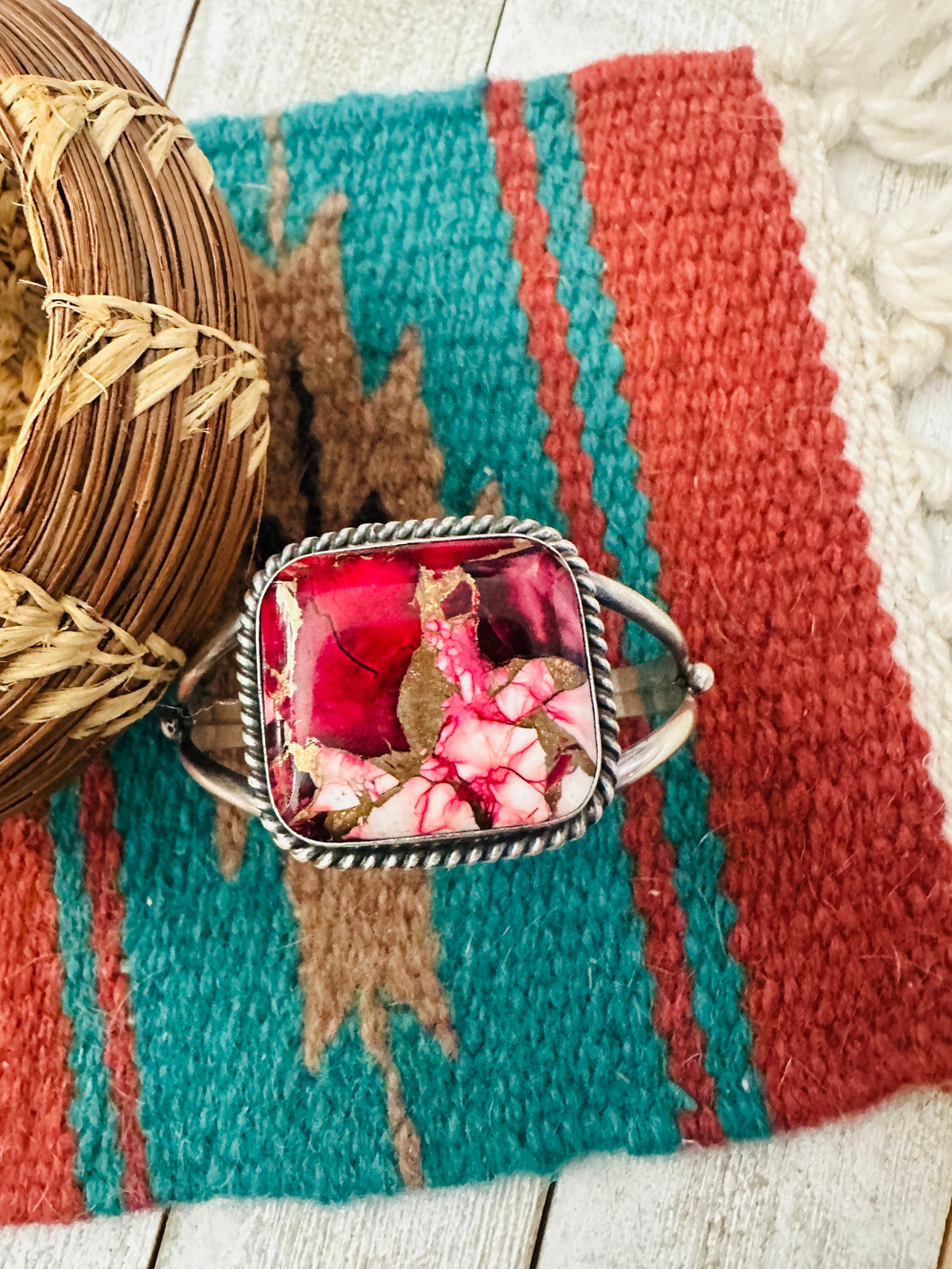 *Authentic* Navajo Sterling Silver & Rose Dahlia Cuff Bracelet