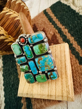 Load image into Gallery viewer, Navajo Sonoran Mountain Turquoise, Coral &amp; Sterling Silver Adjustable Cluster Ring