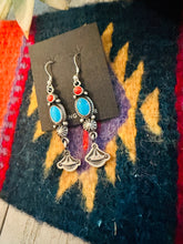 Load image into Gallery viewer, Navajo Turquoise, Coral and Sterling Silver Dangle Earrings