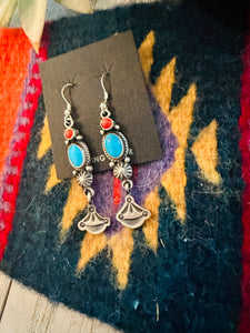 Navajo Turquoise, Coral and Sterling Silver Dangle Earrings