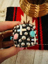 Load image into Gallery viewer, Navajo Queen Pink, Turquoise &amp; Sterling Silver Cross Cuff Bracelet By Chimney Butte