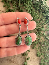 Load image into Gallery viewer, Handmade 2 Stone Sonoran Turquoise, Coral and Sterling Silver Dangle Earrings