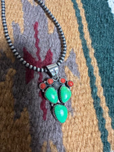 Load image into Gallery viewer, Handmade Sterling Silver, Coral &amp; Dyed Kingman Turquoise Cactus Pendant