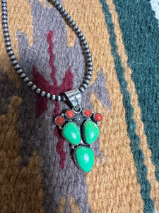 Handmade Sterling Silver, Coral & Dyed Kingman Turquoise Cactus Pendant