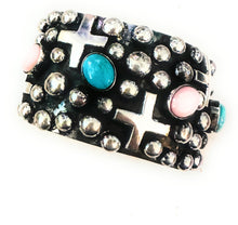 Load image into Gallery viewer, Navajo Queen Pink, Turquoise &amp; Sterling Silver Cross Cuff Bracelet By Chimney Butte