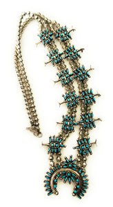 Zuni Turquoise & Sterling Silver Needlepoint Squash Blossom Necklace