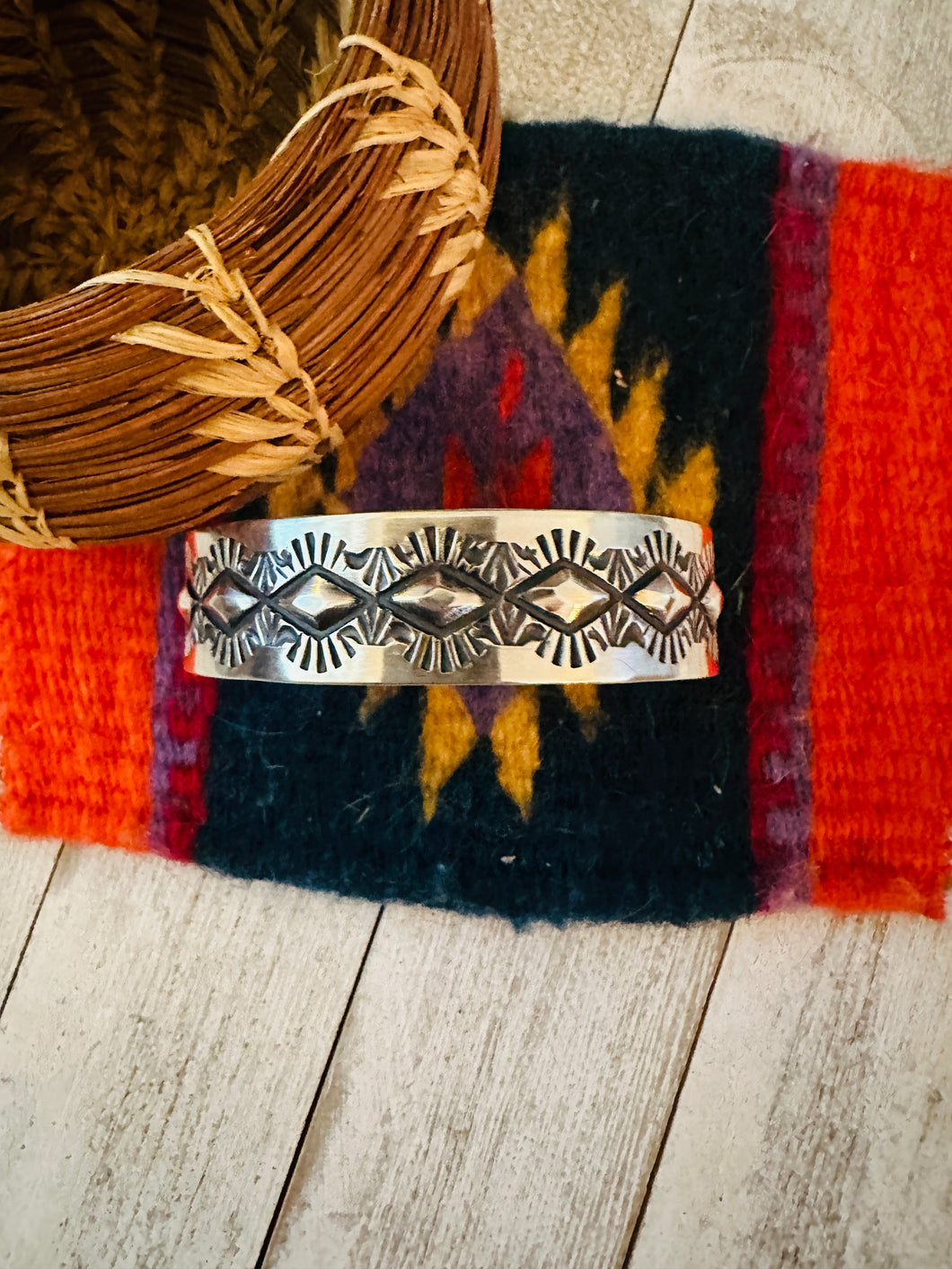 Navajo Hand Stamped Sterling Silver Cuff Bracelet By Elvira Bill