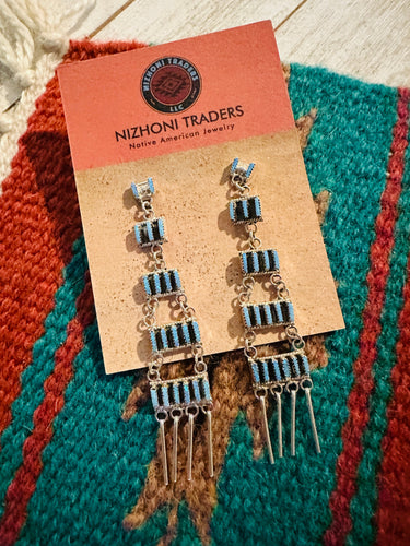 Zuni Sterling Silver & Blue Opal Needlepoint Dangle Earrings