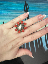 Load image into Gallery viewer, Handmade Coral, White Buffalo &amp; Sterling Silver Adjustable Ring Signed Nizhoni