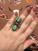 Load image into Gallery viewer, Beautiful Handmade Coral, Sonoran Turquoise And Sterling Silver Adjustable 3 STONE Ring