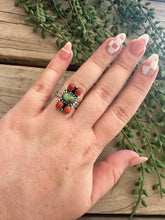 Load image into Gallery viewer, Beautiful Handmade Sonoran Turquoise, Coral And Sterling Silver Adjustable Ring