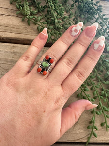 Beautiful Handmade Sonoran Turquoise, Coral And Sterling Silver Adjustable Ring