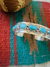 Load image into Gallery viewer, Navajo Hand Stamped Sterling Silver &amp; Turquoise Cuff Bracelet by Benson Shorty