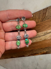 Load image into Gallery viewer, Handmade Sonoran Turquoise, CZ and Sterling Silver Flower Post Dangle Earrings more greens