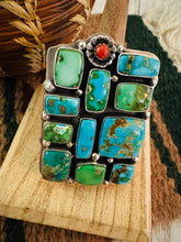 Load image into Gallery viewer, Navajo Sonoran Mountain Turquoise, Coral &amp; Sterling Silver Adjustable Cluster Ring