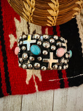 Load image into Gallery viewer, Navajo Queen Pink, Turquoise &amp; Sterling Silver Cross Cuff Bracelet By Chimney Butte