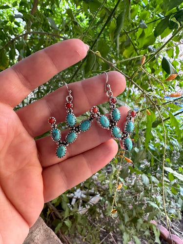 Handmade Sterling Silver, Turquoise & Coral Cactus Earrings